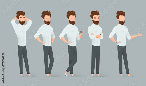 Cartoon bearded man character with brown hair wearing a white shirt and gray pants. Full body illustrations in five different poses, friendly and professional appearance.