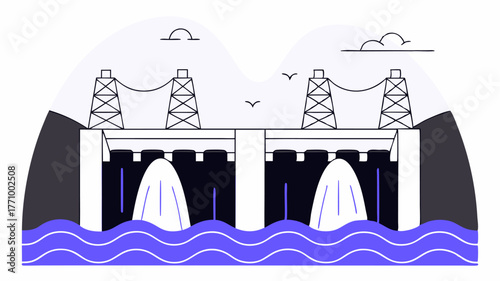 An illustration of water waves powering a hydroelectric dam with dynamic blue and green colors depicting sustainable energy generated from water sources.