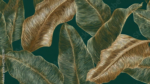 Sophisticated, repeating pattern of elegant, detailed leaves with golden accents on a dark green background