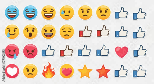 A collection of various emoji icons including smiling faces thumbs up hearts stars and a fire emoji