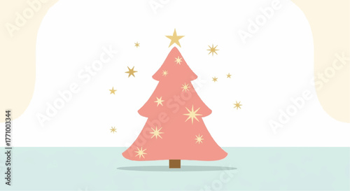 Aesthetic christmas tree with star topper and star decorations on a pastel background for the holidays