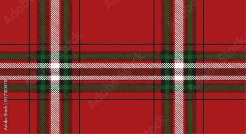 Red and green tartan pattern with white stripes and dark lines forming a classic plaid design style