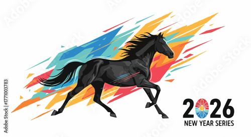 Illustration of a black horse running with colorful abstract background and 2026 new year series text