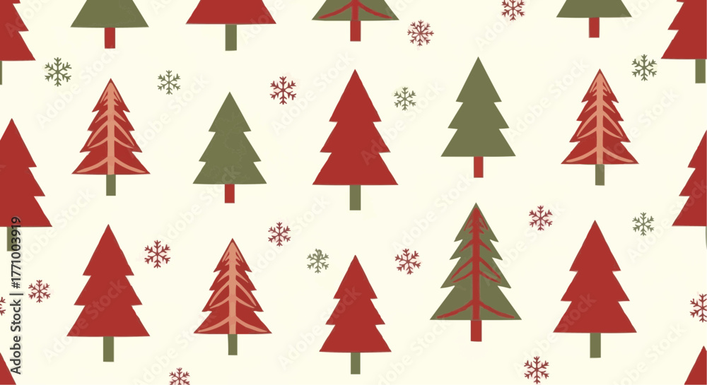 Obraz premium Pattern of christmas trees in red and green with small snowflakes on an off white background evenly spaced