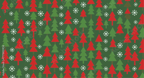 Festive christmas pattern with red and green trees and white snowflakes on a dark green background design
