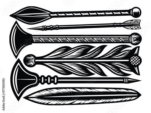 Woodcut Style Arrows with Feathers and Ornate Heads