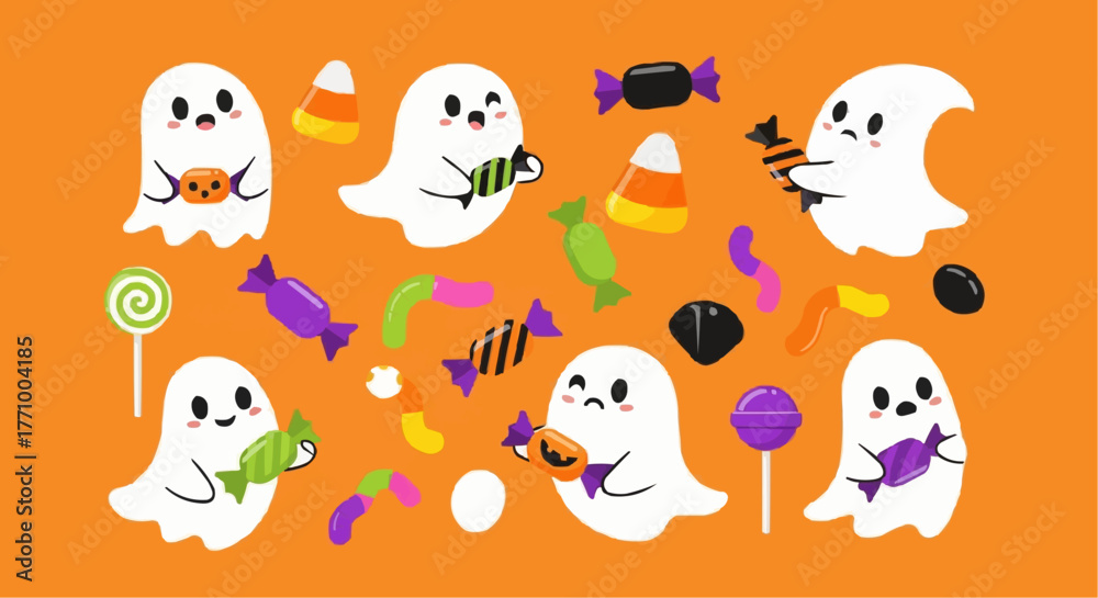 Fototapeta premium Illustration of halloween themed ghosts and candies on a bright orange colored plain background view