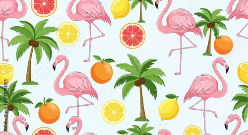 Seamless pattern featuring pink flamingos palm trees and citrus fruits on a light blue background design