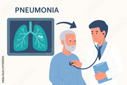 Vector illustration of pneumonia diagnosis workflow with chest X-ray, doctor, and patient