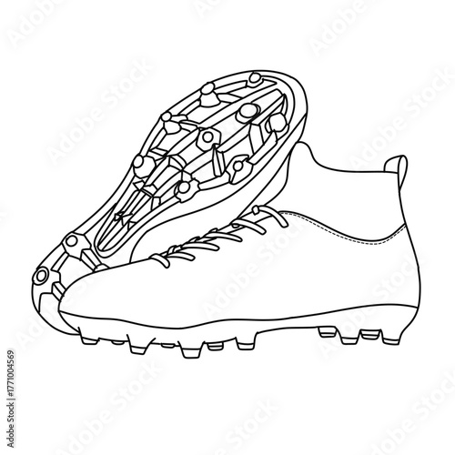 Detailed Line Art Drawing of Soccer Cleats with Studded Soles side and bottom view