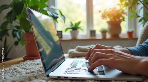 Manos femeninas escribiendo en una computadora portátil en casa