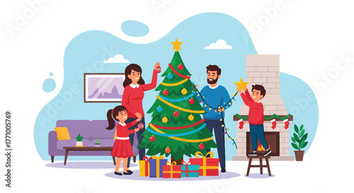 Adobe illustrator artwork vector illustration. Happy family decorating Christmas tree in cozy living room, celebrating festive holiday season together