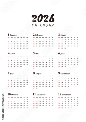 2026 calendar 日本の祝日 日曜始まりの年間カレンダー 縦向き