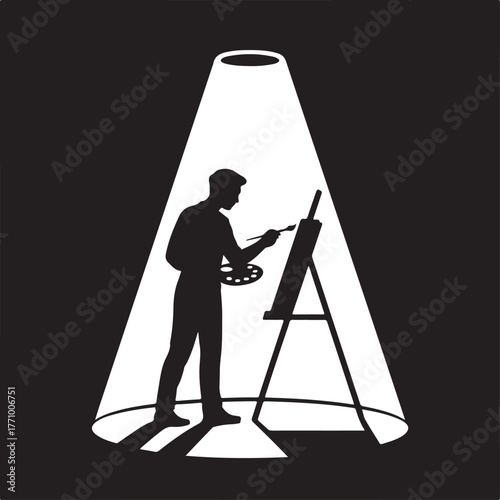 Artist Painting on Easel Under Spotlight in Silhouette vector illustration