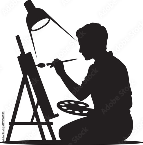 Artist Silhouette Painting on Easel with Lamp and Palette vector illustration
