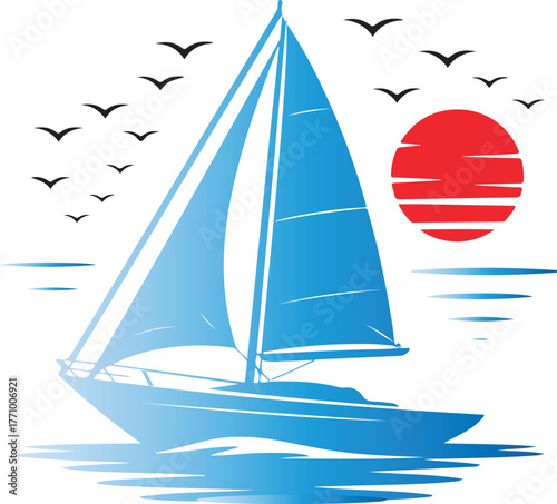 Blue sailboat on water with red sun and flying birds yacht sailing