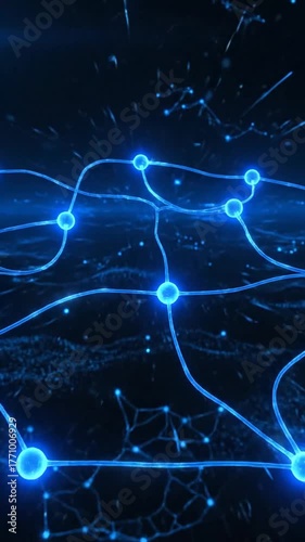 Abstract Blue Neon Network Connections Glowing With Light Particles On A Dark Digital Background