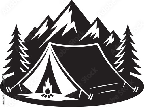 Camping Scene Silhouette with Tent Campfire Mountains and Trees vector illustration