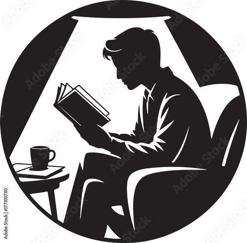 Silhouette of a man reading a book in an armchair under a spotlight vector illustration