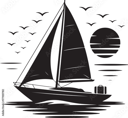 Silhouette of a sailboat on the water with birds and a stylized sun sailing