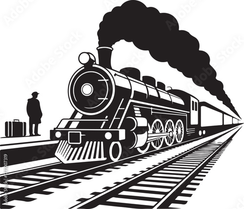 Vintage steam train at a station with a lone figure and luggage locomotive railway