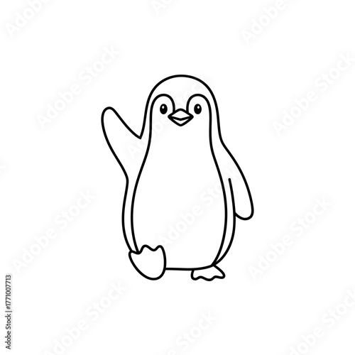 Cute Penguin Waving Hand Line Art. Simple Black and White Mascot Vector Illustration for Winter, Antarctic, Greeting, or Kids.