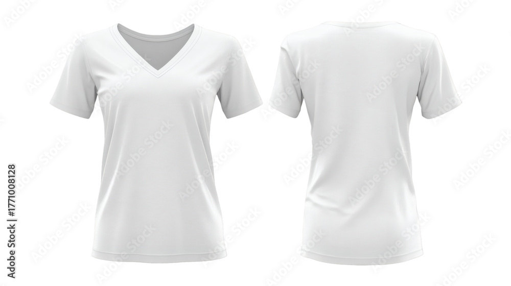 Fototapeta premium Plain White Women's V-Neck T-Shirt Mockup Front and Back Views 3D Rendering on transparent background