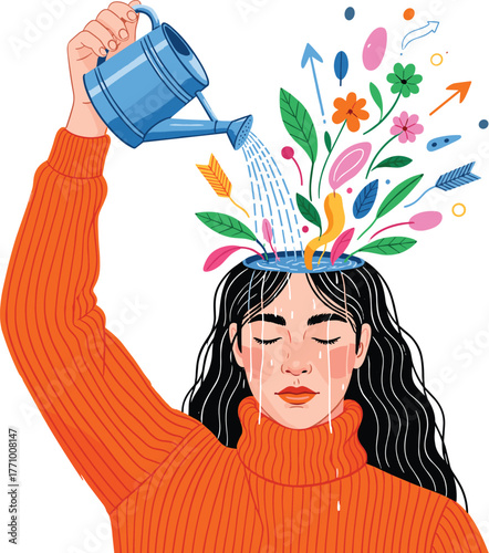Creative Self-Nurturing Illustration of Person Watering Their Mind, Symbolizing Emotional Growth, Healing, and Flourishing Through Inner Expression and Care