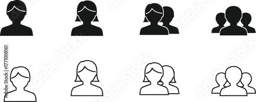Icon Set of Individual and Group Silhouettes with Ponytails in Solid and Outline Styles for UI, Social, and Infographic Use