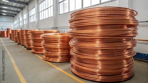 Copper Wire Coils in Industrial Warehouse – Shiny Metal Cable Spools Stacked on Floor