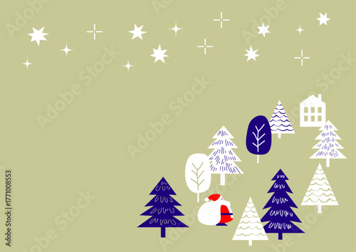 【手描き風・シンプル】星空と木々のクリスマスイラスト素材