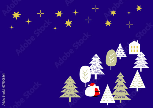 【手描き風・シンプル】星空と木々のクリスマスイラスト素材