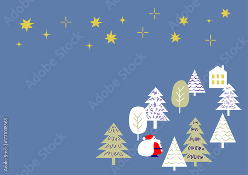 【手描き風・シンプル】星空と木々のクリスマスイラスト素材