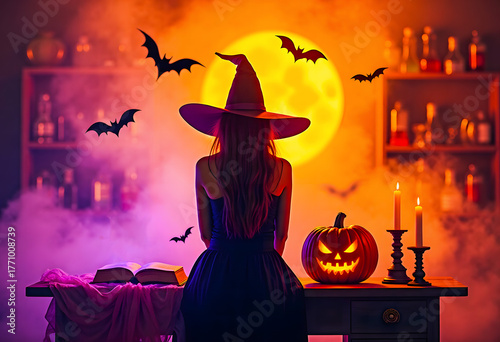 A mystical silhouette of a witch in a room during a ritual. Halloween atmosphere.
