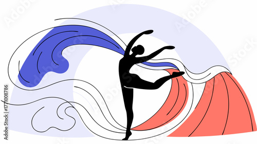 A silhouette of a dancer midperformance showcasing expressive movement against a backdrop of swirling fabric symbolizing the beauty of dance.