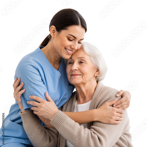 Caregiver Embracing Elderly Woman – Tender, Compassionate Moment of Care and Trust

