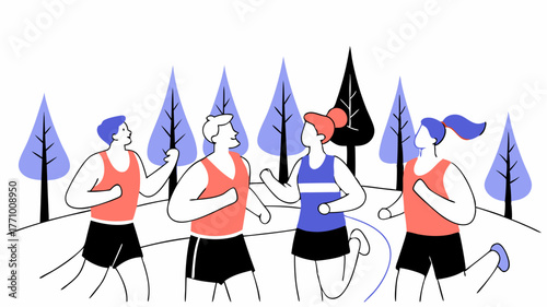 A community running club jogging along a scenic path showcasing camaraderie as group members encourage and cheer each other on.