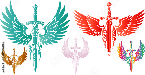 Winged swords in vibrant colors against a dark background create a fantasy emblem