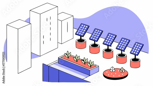 An urban rooftop garden with colorful planters seating areas and solar panels symbolizing ecofriendly housing in a dense city space.