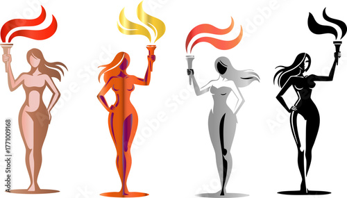 Four stylized female figures holding torches in various metallic color gradients