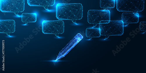 AI content creation and digital writing with low poly pencil and glowing communication bubbles