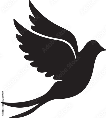 Black silhouette of a dove in flight with wings spread on white background bird flying