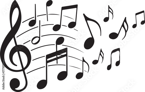 Black silhouette of musical notes and treble clef on white background vector illustration