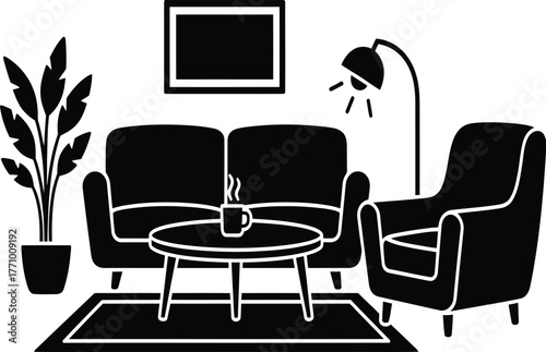 Cozy living room interior with sofa, armchair, coffee table and plant Keywords: living room, interior