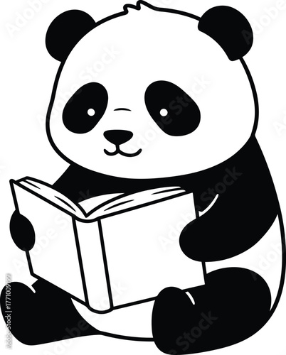 Cute cartoon panda reading a book on a white background Keywords: panda, bear, reading, book, education