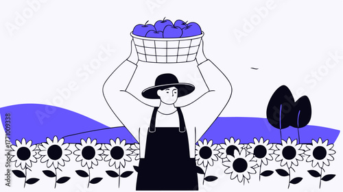 A farmer proudly holding up a basket of ripe tomatoes with a backdrop of sunflowers and green fields symbolizing the connection between farmers and their crops.