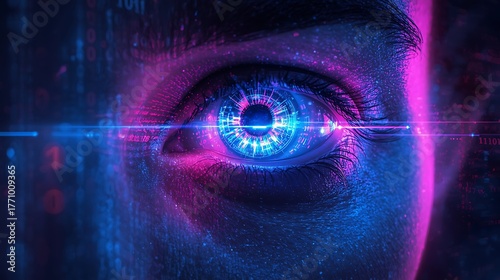 an ultra-detailed close-up of a human eye illuminated by vibrant digital reflections of glowing blue and pink  binary code and neon light trails