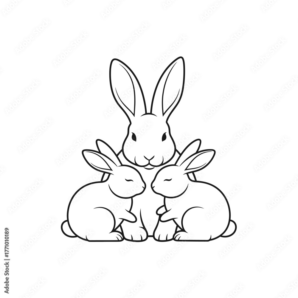 Fototapeta premium Mother Rabbit and Two Baby Bunnies Line Art. Simple Vector Illustration of Animal Family, Parenthood, Easter, and Cute Pets.