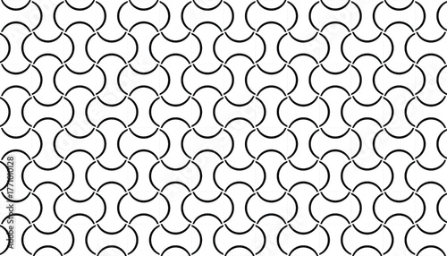 A seamless, minimalist geometric pattern with curved black lines forming interconnected shapes on a white background. The clean, modern design creates an elegant optical illusion.