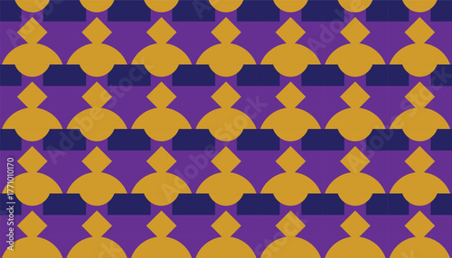 A seamless geometric pattern with orange diamond and semicircle shapes arranged in alternating rows on a deep purple background. The bold color contrast and symmetry create a stylish, modern design